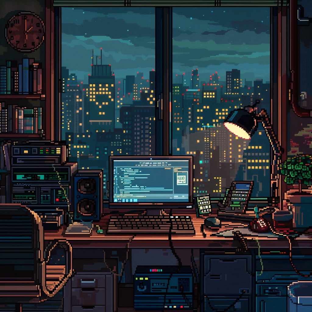 pixel-art night desk with a city outside the window